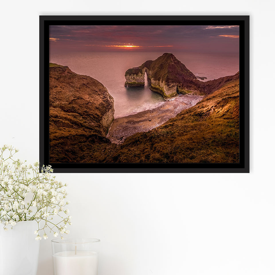 Golden Sunrise over the Sea, Rocky Sea Coast Canvas Nature Framed Canvas Prints Wall Art Decor, Black Floating Frame