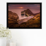Golden Sunrise over the Sea, Rocky Sea Coast Canvas Nature Framed Canvas Prints Wall Art Decor, Black Floating Frame
