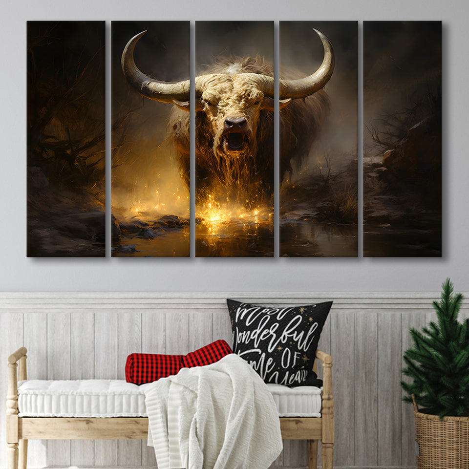 Golden Crazy Longhorn Bull 5 Panels B Canvas Prints Wall Art Home Decor, Extra Large Canvas
