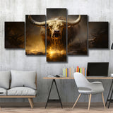 Golden Crazy Longhorn Bull 5 Panels Canvas Prints Wall Art Home Decor, Large Mixed Canvas