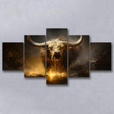 Golden Crazy Longhorn Bull 5 Panels Canvas Prints Wall Art Home Decor, Large Mixed Canvas