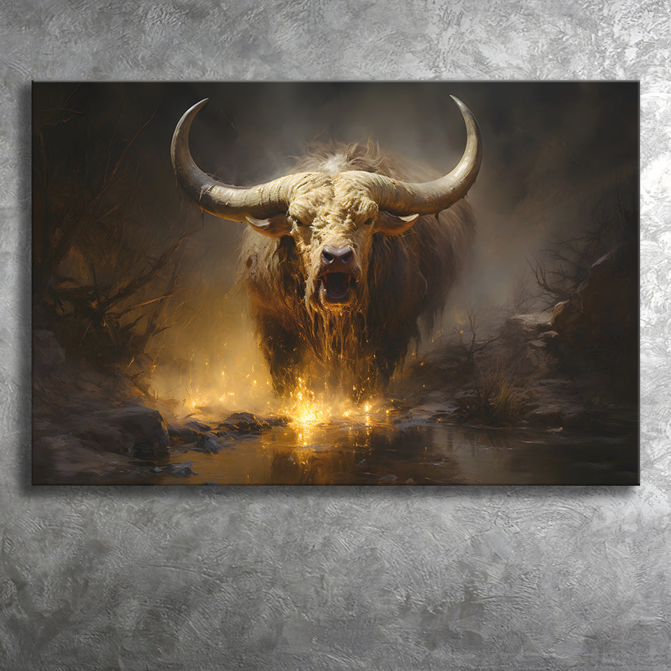 Golden Crazy Longhorn Bull Canvas Prints Wall Art Home Decor, Painting Canvas, Living Room Wall Decor