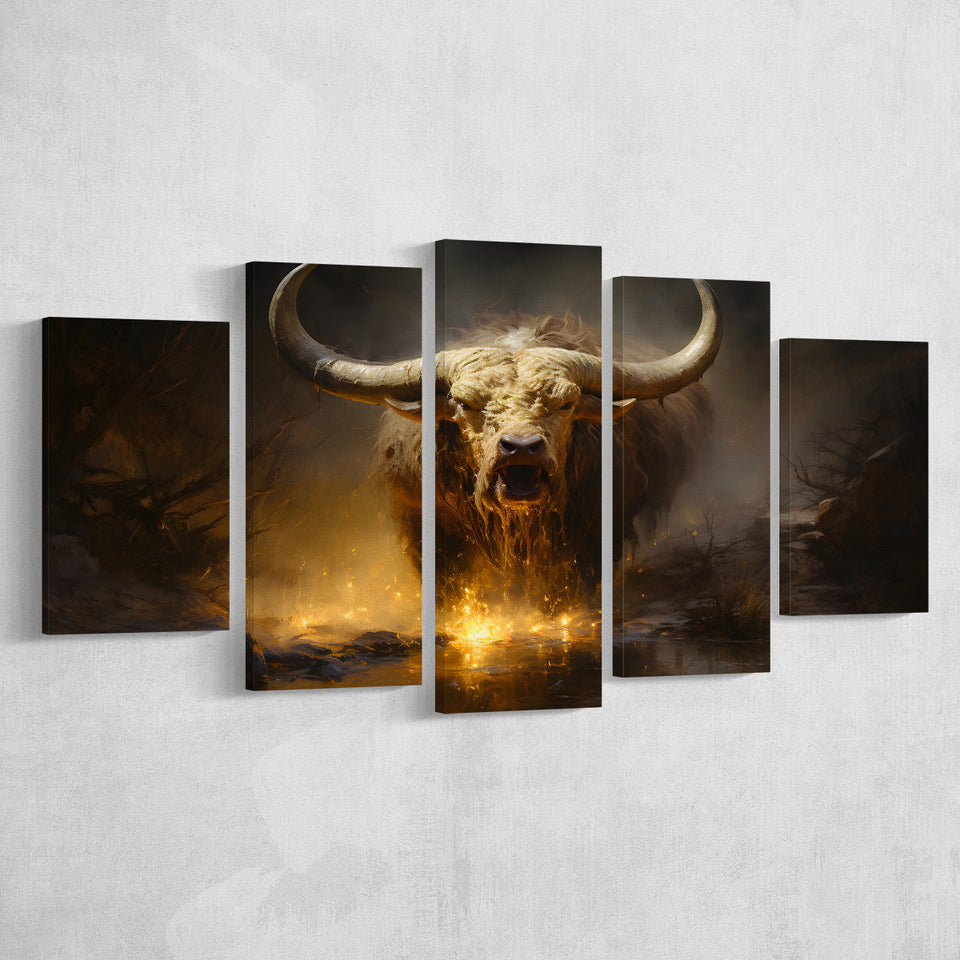 Golden Crazy Longhorn Bull 5 Panels Canvas Prints Wall Art Home Decor, Large Mixed Canvas