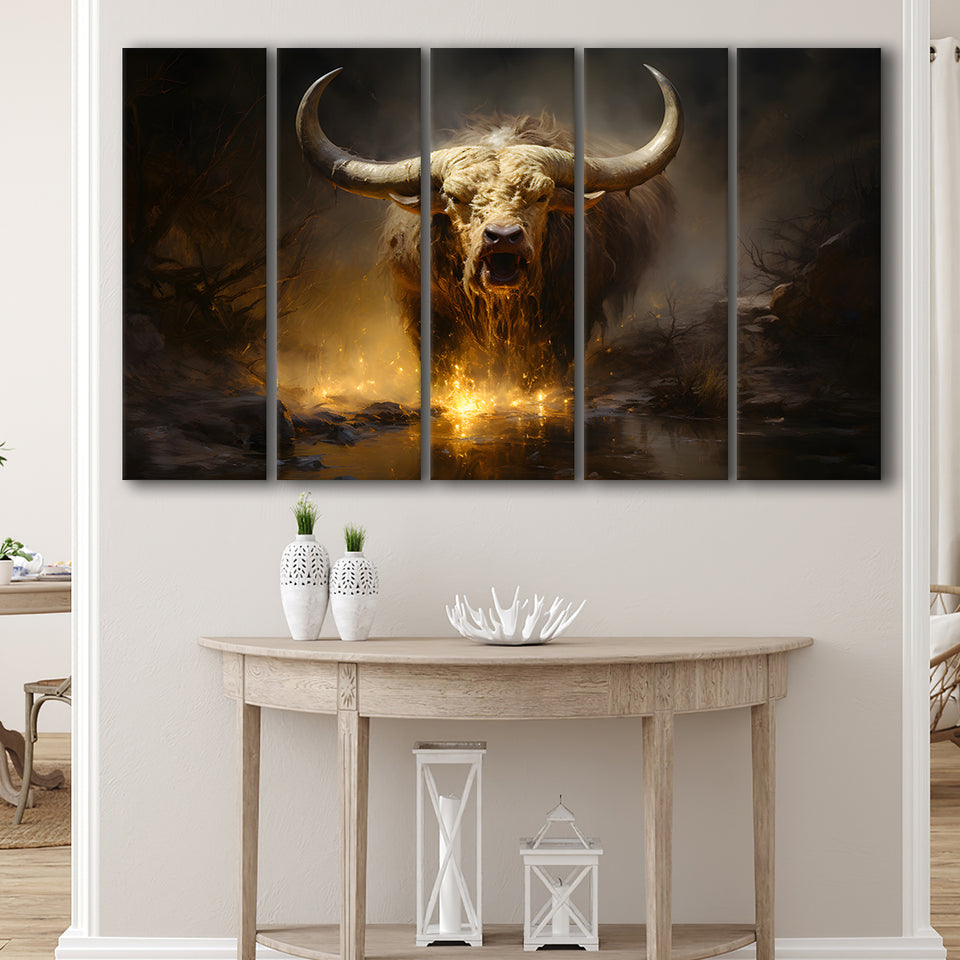 Golden Crazy Longhorn Bull 5 Panels B Canvas Prints Wall Art Home Decor, Extra Large Canvas