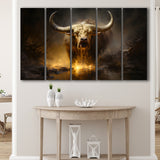 Golden Crazy Longhorn Bull 5 Panels B Canvas Prints Wall Art Home Decor, Extra Large Canvas
