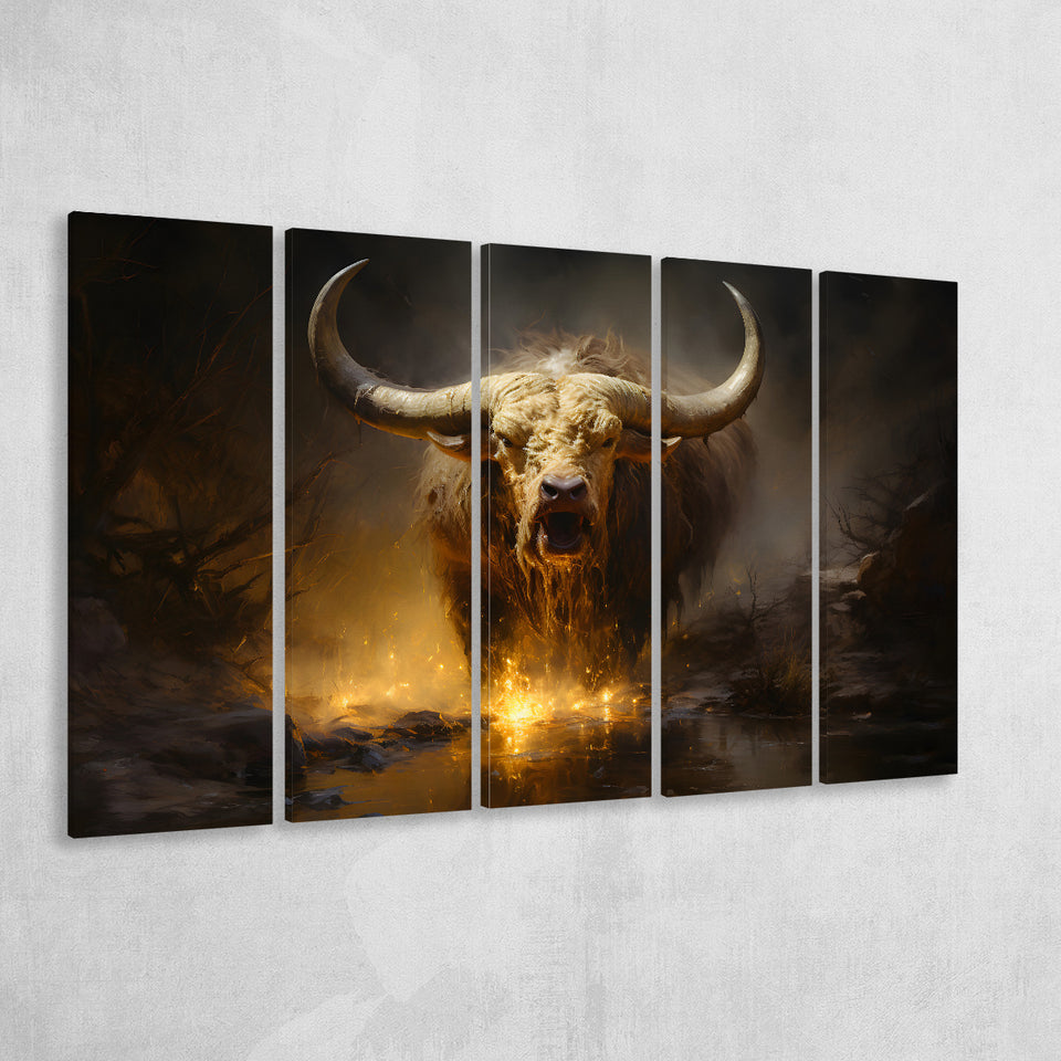 Golden Crazy Longhorn Bull 5 Panels B Canvas Prints Wall Art Home Decor, Extra Large Canvas