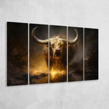 Golden Crazy Longhorn Bull 5 Panels B Canvas Prints Wall Art Home Decor, Extra Large Canvas