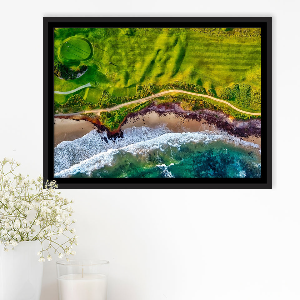 Golf Course By The Ocean, Golf Framed Canvas Prints Wall Art Decor, Black Floating Frame