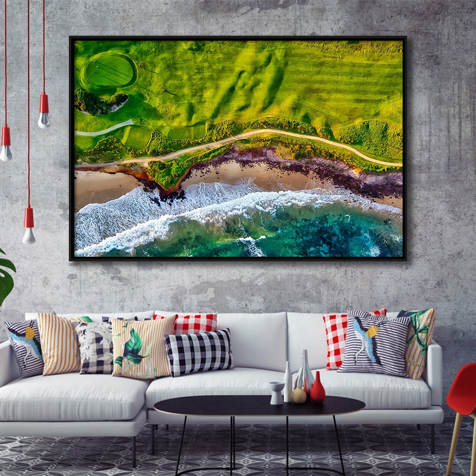 Golf Course By The Ocean, Golf Framed Canvas Prints Wall Art Decor, Black Floating Frame