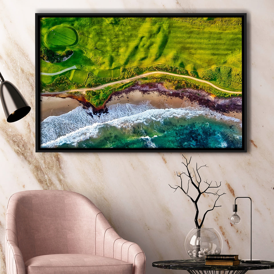 Golf Course By The Ocean, Golf Framed Canvas Prints Wall Art Decor, Black Floating Frame