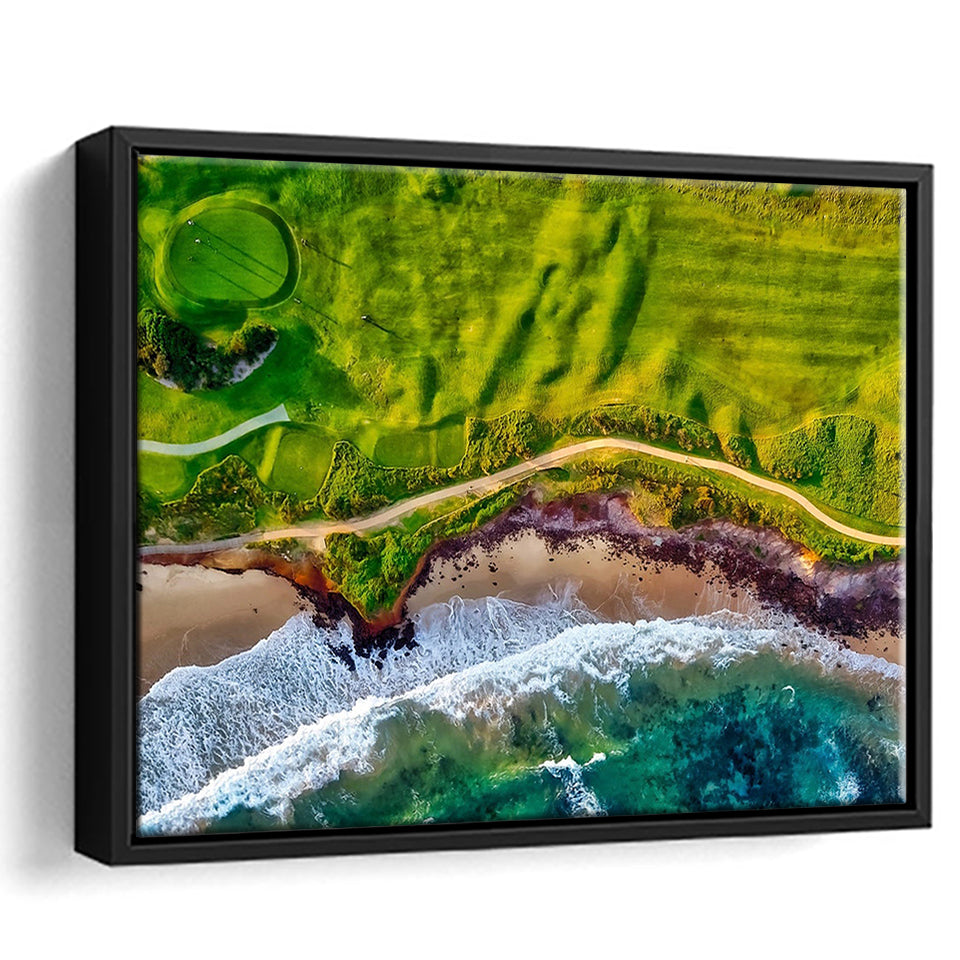 Golf Course By The Ocean, Golf Framed Canvas Prints Wall Art Decor, Black Floating Frame