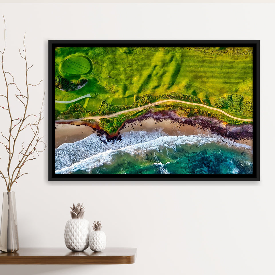 Golf Course By The Ocean, Golf Framed Canvas Prints Wall Art Decor, Black Floating Frame