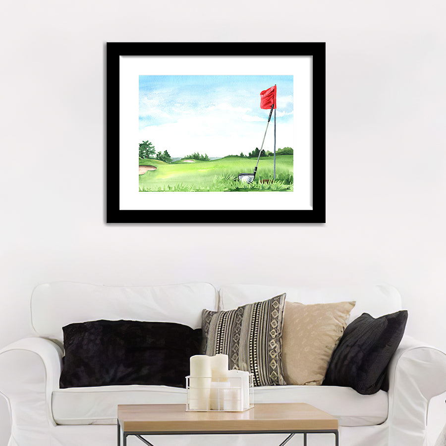 Golf Club With Ball And Flag Framed Wall Art - Framed Prints, Art Prints, Home Decor, Painting Prints