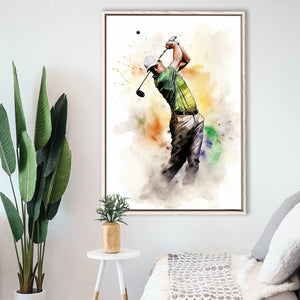 Golfer Ink Painting Watercol Mixed Colorful,Framed Canvas Prints,Floating Frame, Wall Art Home Decor