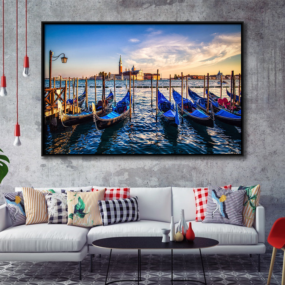 Gondola Print Venice Grand Canal Italy Framed Canvas Prints Wall Art Home Decor - Painting Canvas, Black Frame, Framed Picture