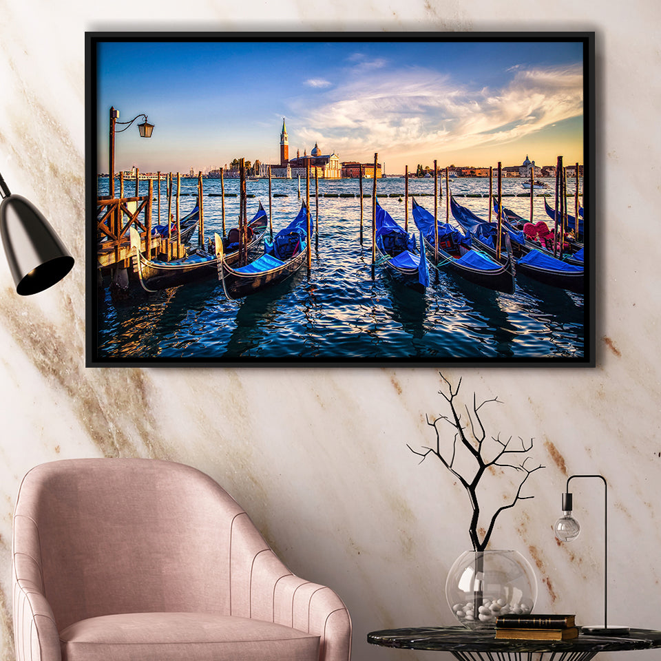 Gondola Print Venice Grand Canal Italy Framed Canvas Prints Wall Art Home Decor - Painting Canvas, Black Frame, Framed Picture