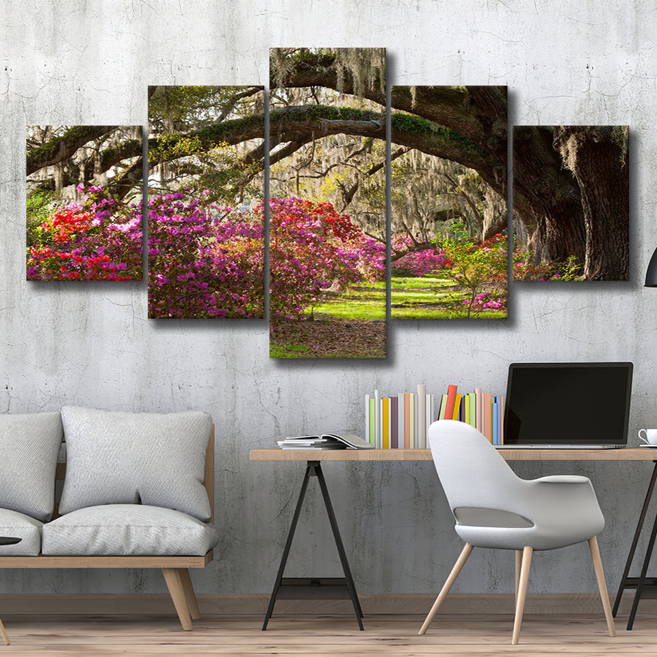 Gorgeous Summer Garden Under The Tree, 5 Panel Canvas Prints Wall Art,Mixed Canvas, Large Canvas
