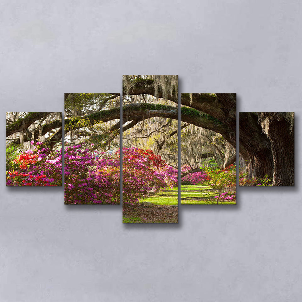Gorgeous Summer Garden Under The Tree, 5 Panel Canvas Prints Wall Art,Mixed Canvas, Large Canvas