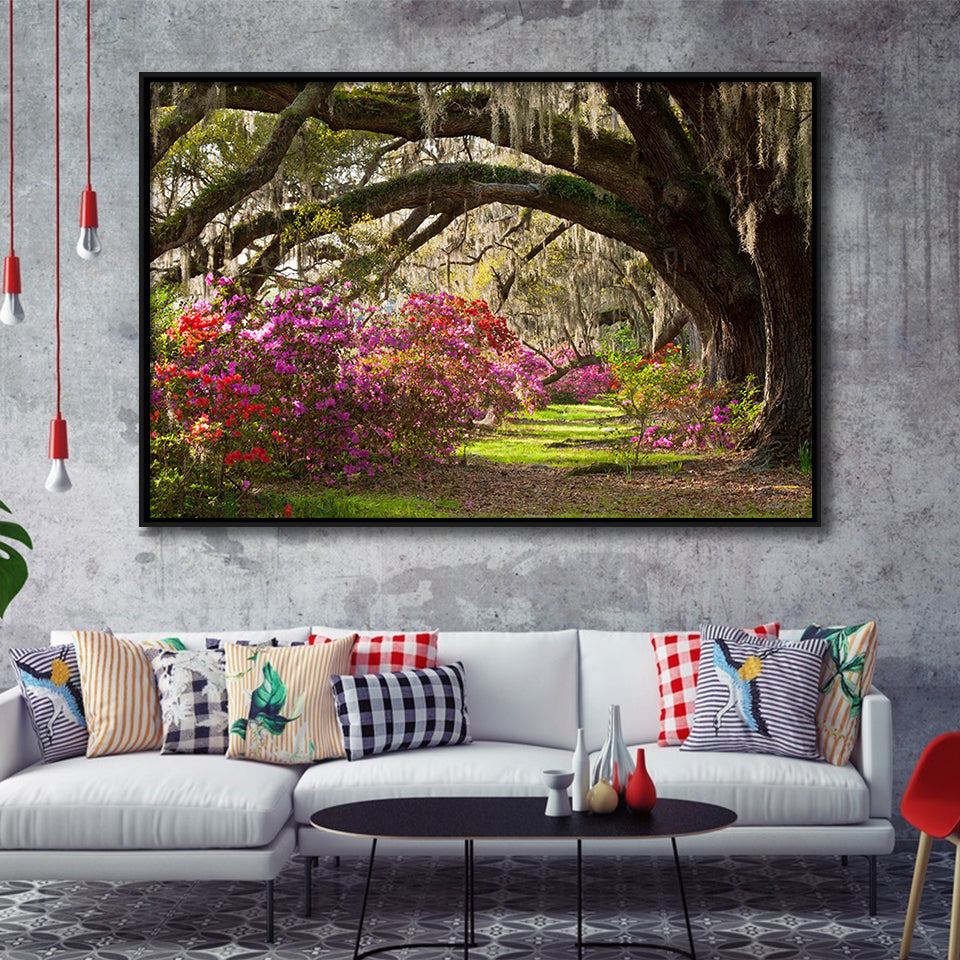 Gorgeous Summer Garden Under The Tree Framed Canvas Prints Wall Art, Floating Frame, Large Canvas Home Decor
