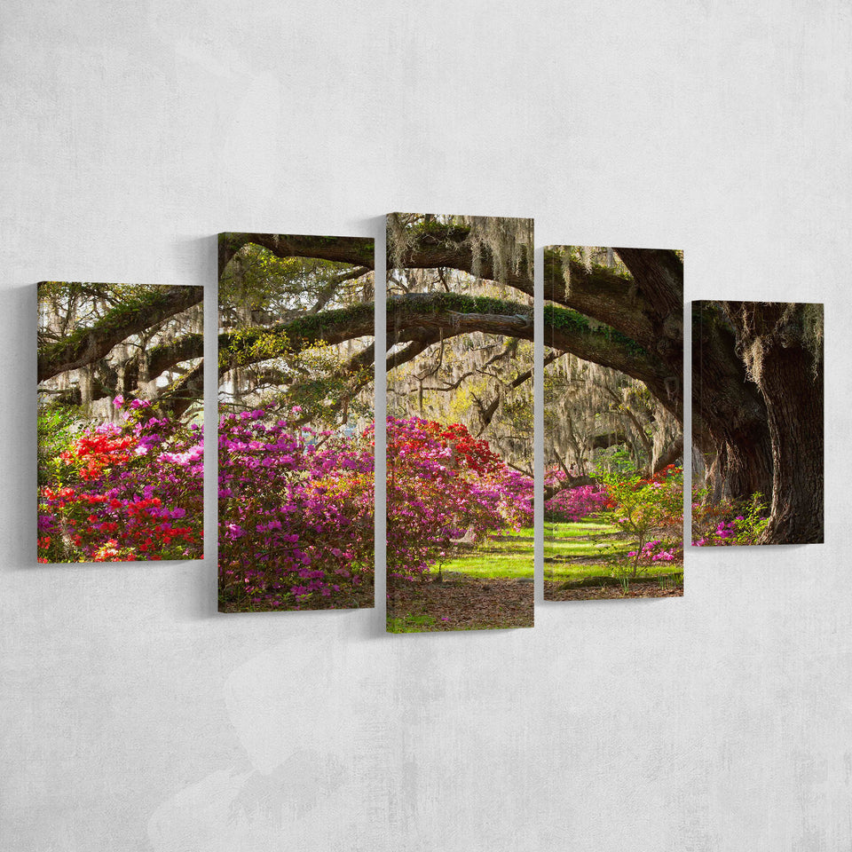 Gorgeous Summer Garden Under The Tree, 5 Panel Canvas Prints Wall Art,Mixed Canvas, Large Canvas