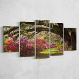 Gorgeous Summer Garden Under The Tree, 5 Panel Canvas Prints Wall Art,Mixed Canvas, Large Canvas