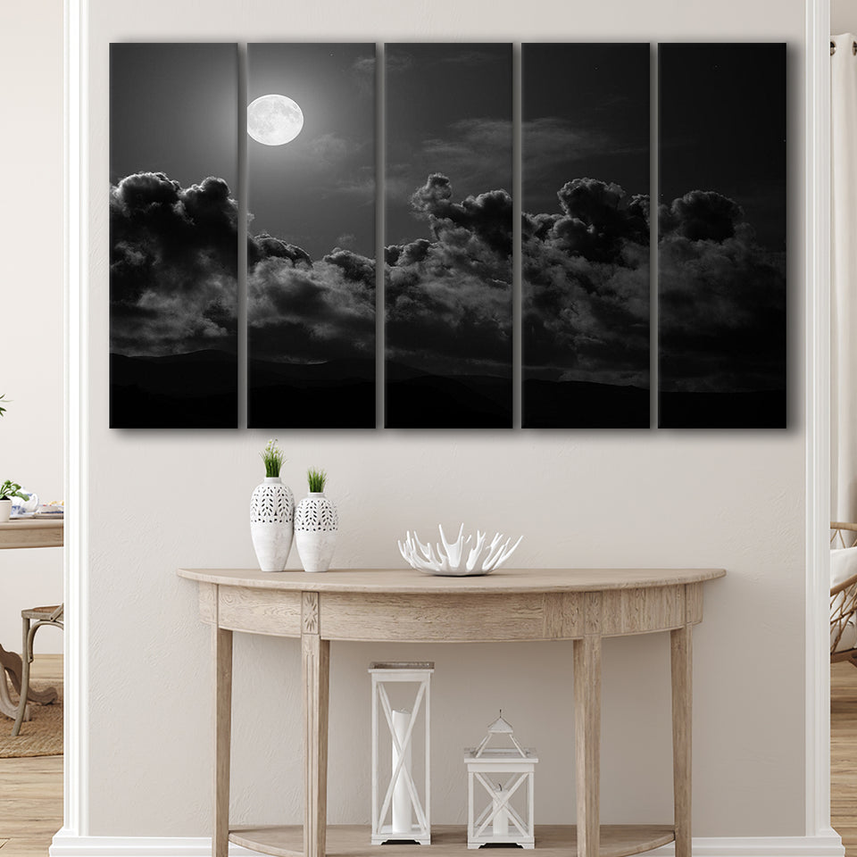 Gothic Theme Canvas Art, Full Moon Cloudy Night Dark Horror, 5 Panel B Canvas Prints Wall Art, Extra Large Canvas Decor