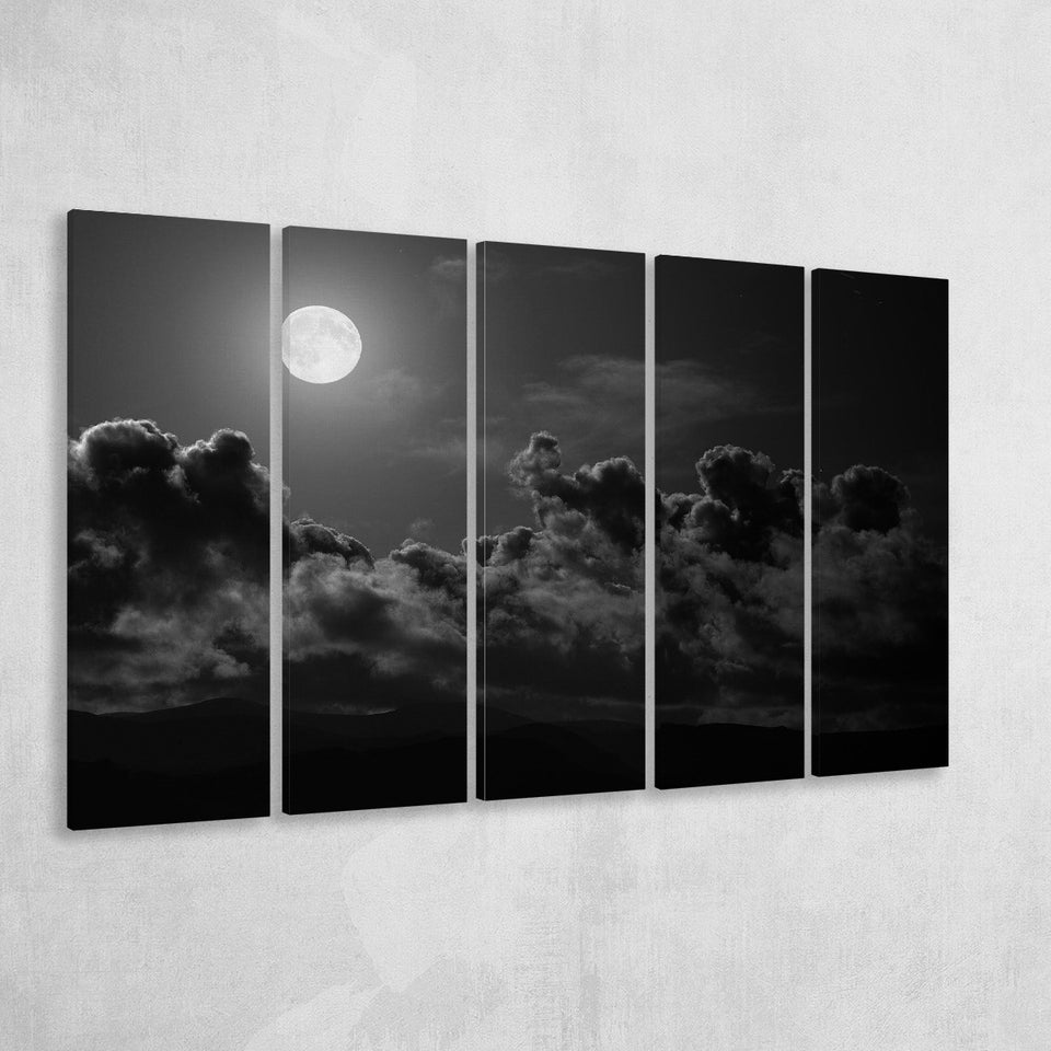 Gothic Theme Canvas Art, Full Moon Cloudy Night Dark Horror, 5 Panel B Canvas Prints Wall Art, Extra Large Canvas Decor