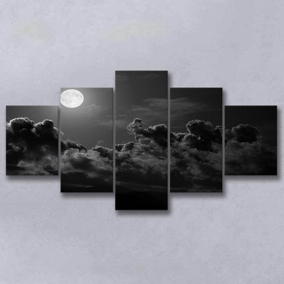 Gothic Theme Canvas Art, Full Moon Cloudy Night Dark Horror, 5 Panel Canvas Prints Wall Art,Mixed Canvas, Large Canvas