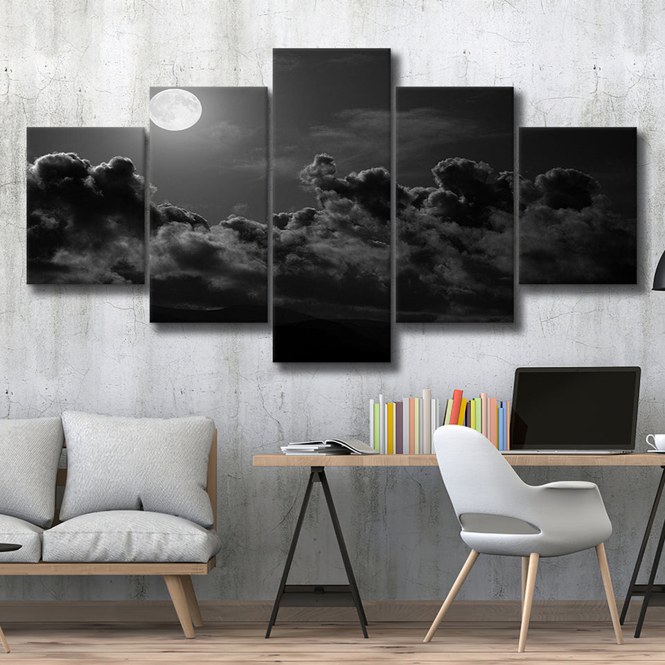 Gothic Theme Canvas Art, Full Moon Cloudy Night Dark Horror, 5 Panel Canvas Prints Wall Art,Mixed Canvas, Large Canvas