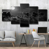 Gothic Theme Canvas Art, Full Moon Cloudy Night Dark Horror, 5 Panel Canvas Prints Wall Art,Mixed Canvas, Large Canvas