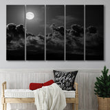 Gothic Theme Canvas Art, Full Moon Cloudy Night Dark Horror, 5 Panel B Canvas Prints Wall Art, Extra Large Canvas Decor