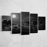 Gothic Theme Canvas Art, Full Moon Cloudy Night Dark Horror, 5 Panel Canvas Prints Wall Art,Mixed Canvas, Large Canvas