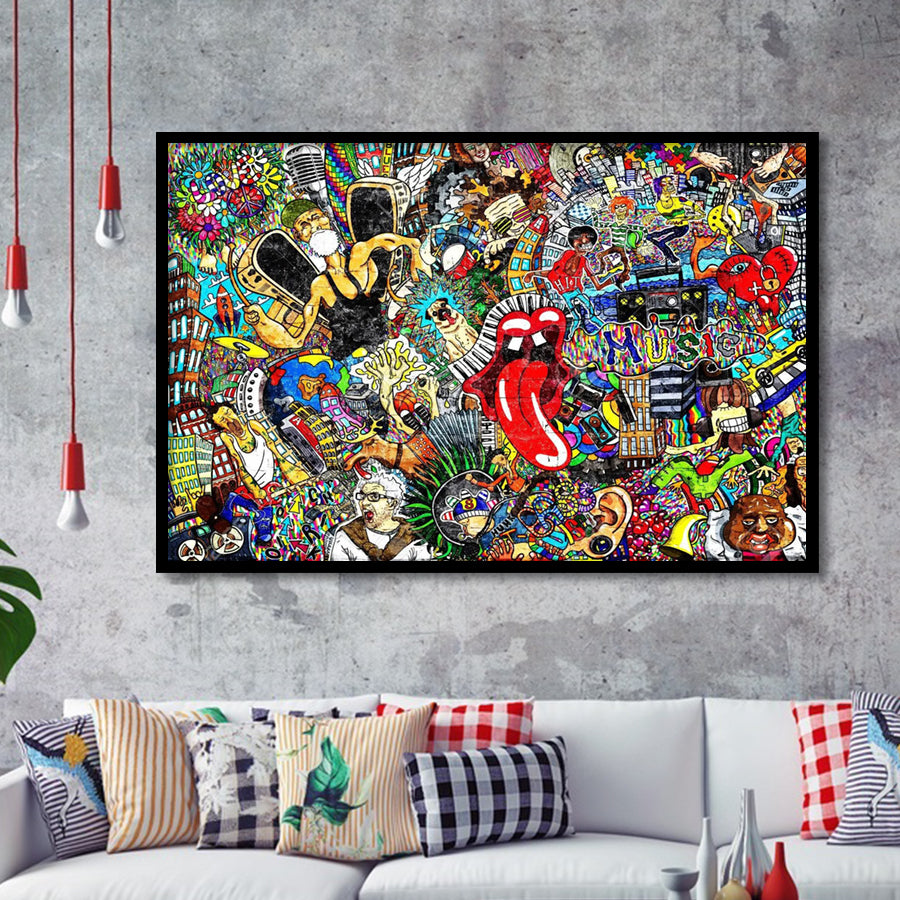 Graffiti Music Collage Music Collage Framed Art Prints Wall Decor - Painting Prints, Framed Picture