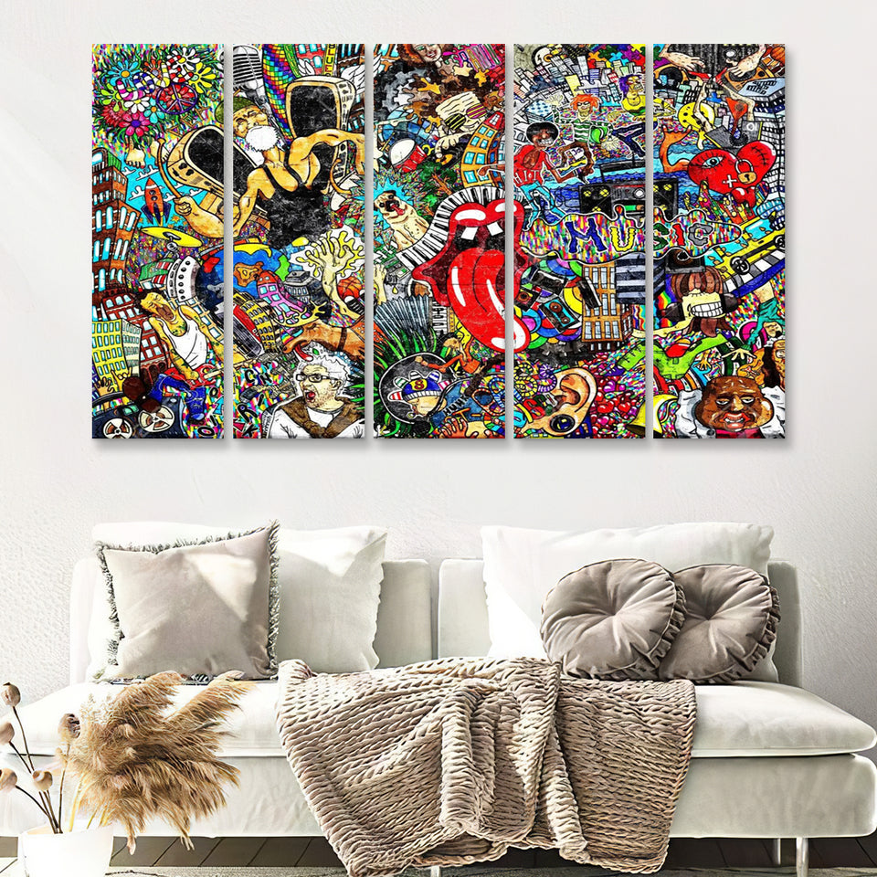 Graffiti Music Collage Music Collage 5 Piece Canvas Prints Wall Art - Painting Prints, Wall Decor,Multi Panels