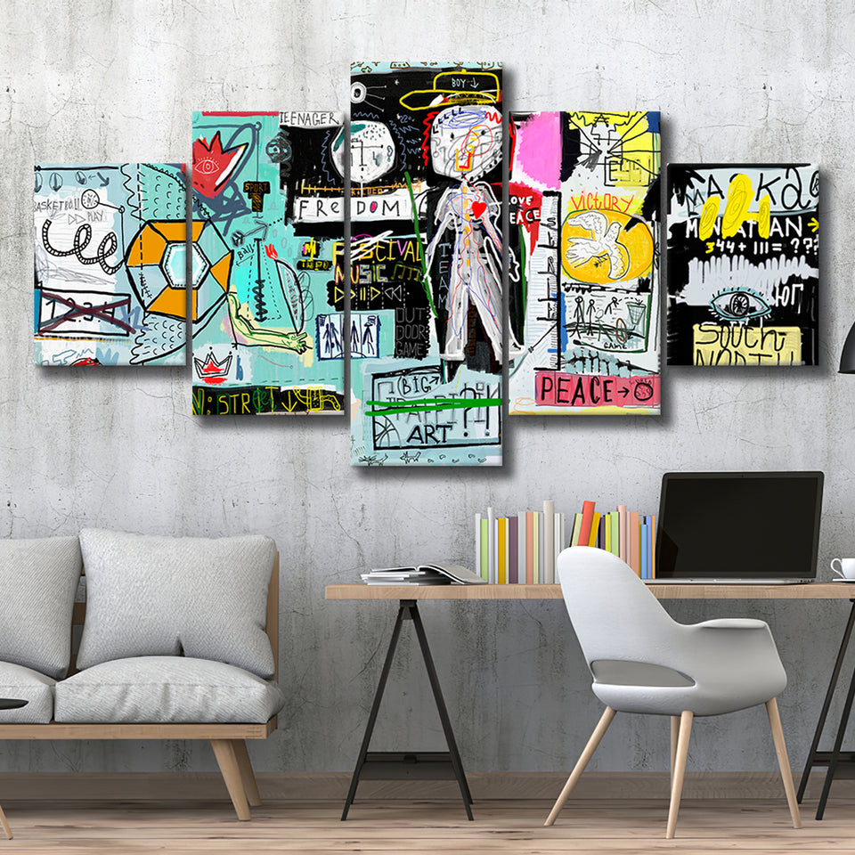 Graffiti Art Print Abstract 5 Piece Canvas Prints Wall Art Decor, Multi Panels, Mixed Canvas