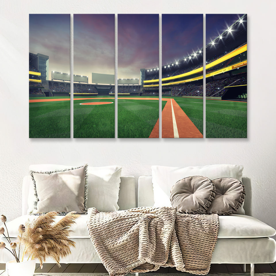 Grand Baseball Stadium Playground Infield Nightfall View 5 Pieces Canvas Prints Wall Art Decor - Painting Canvas,Multi Panel,Painting Prints