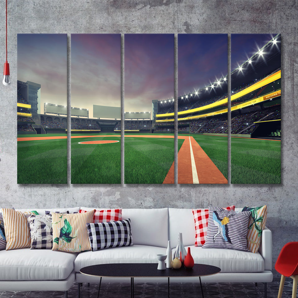 Grand Baseball Stadium Playground Infield Nightfall View 5 Pieces Canvas Prints Wall Art Decor - Painting Canvas,Multi Panel,Painting Prints