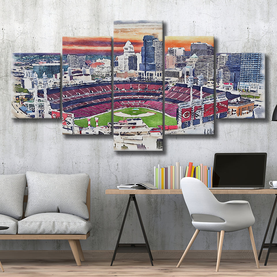 Great American Ball Park Cincinnati Watercolor, 5 Pieces, Multi Panel Canvas Prints Wall Art Decor