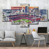 Great American Ball Park Cincinnati Watercolor, 5 Pieces, Multi Panel Canvas Prints Wall Art Decor