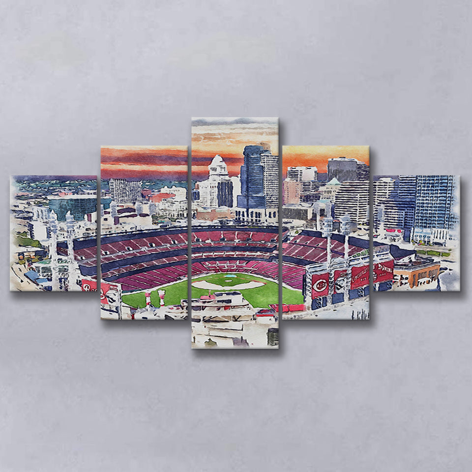 Great American Ball Park Cincinnati Watercolor, 5 Pieces, Multi Panel Canvas Prints Wall Art Decor