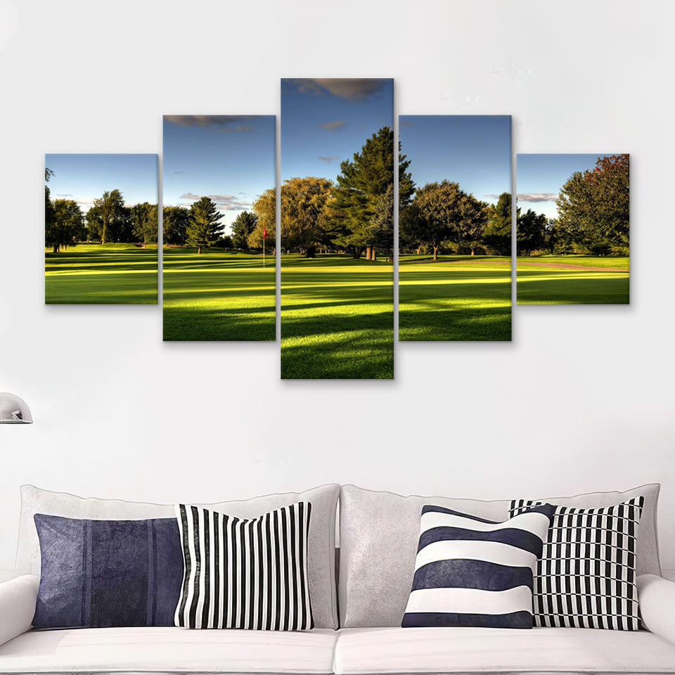 Green Grassland Under The Shades Of Tall Trees Inside A Golf Course 5 Pieces Canvas Prints Wall Art - Painting Canvas, Multi Panel