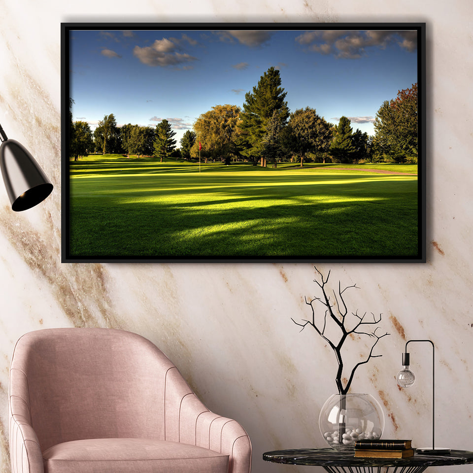 Green Grassland Under The Shades Of Tall Trees Inside A Golf Course Framed Canvas Prints Wall Art - Painting Canvas, Floating Frame