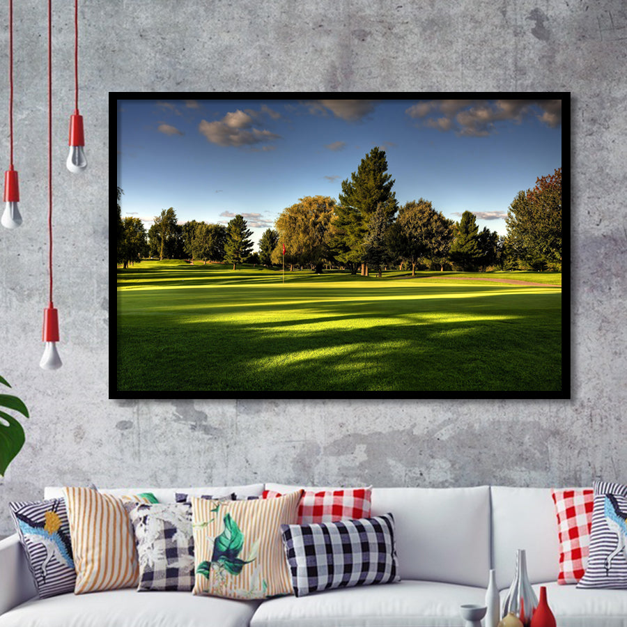 Green Grassland Under The Shades Of Tall Trees Inside A Golf Course Framed Art Prints Wall Art Decor - Painting Prints, Framed Picture