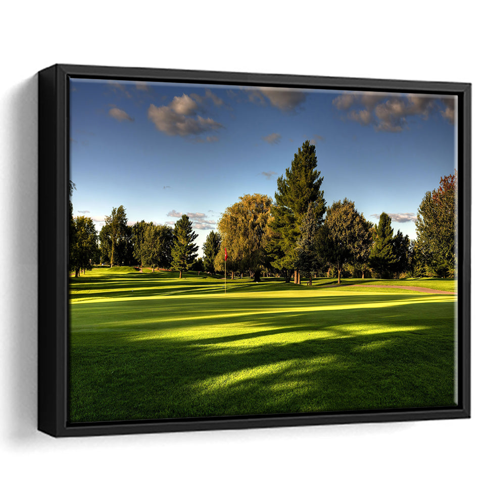 Green Grassland Under The Shades Of Tall Trees Inside A Golf Course Framed Canvas Prints Wall Art - Painting Canvas, Floating Frame