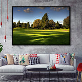 Green Grassland Under The Shades Of Tall Trees Inside A Golf Course Framed Canvas Prints Wall Art - Painting Canvas, Floating Frame