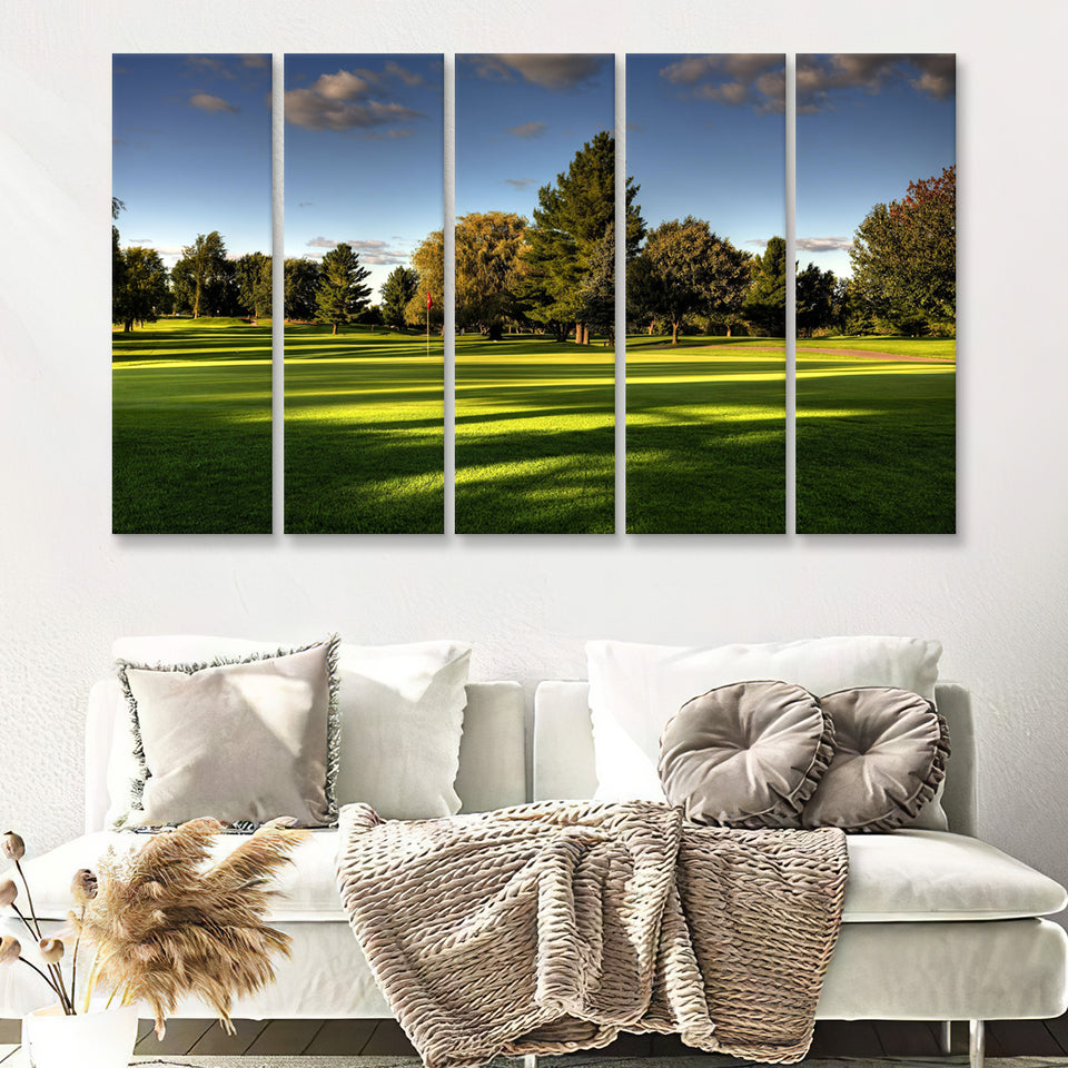 Green Grassland Under The Shades Of Tall Trees Inside A Golf Course 5 Pieces B Canvas Prints Wall Art - Painting Canvas, Multi Panel