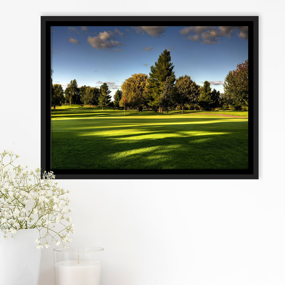 Green Grassland Under The Shades Of Tall Trees Inside A Golf Course Framed Canvas Prints Wall Art - Painting Canvas, Floating Frame