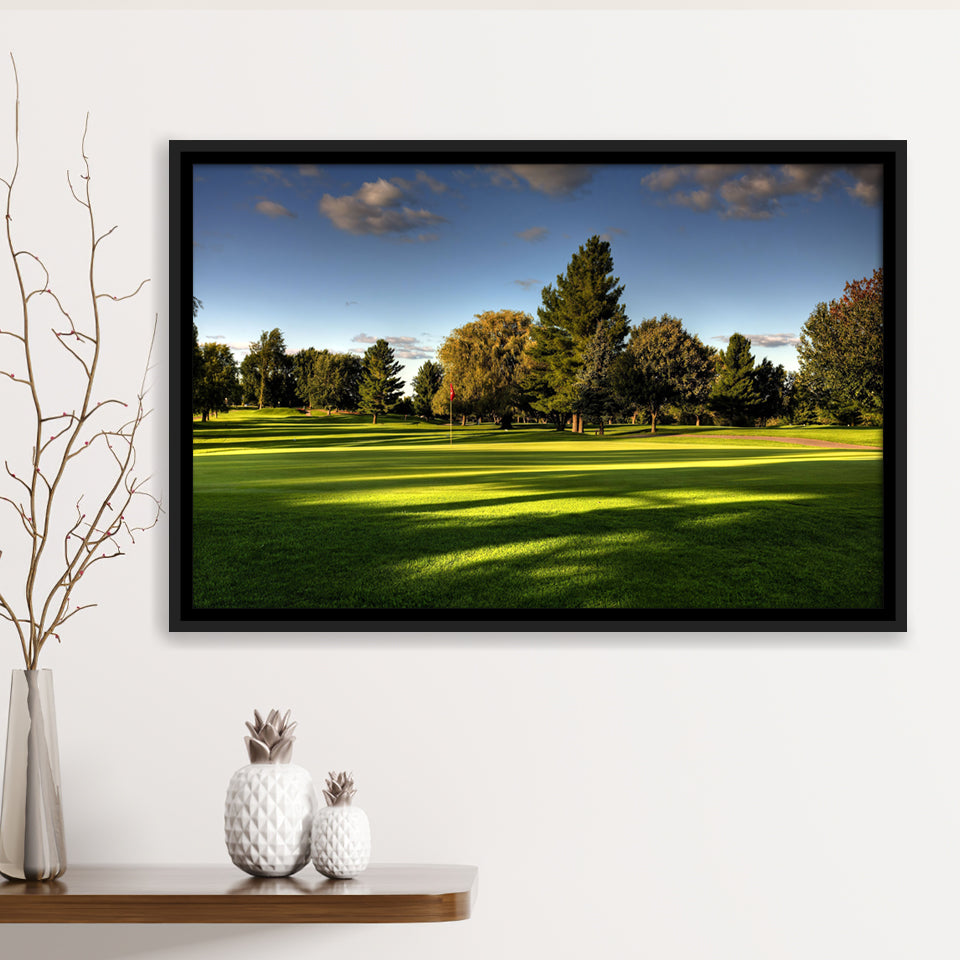 Green Grassland Under The Shades Of Tall Trees Inside A Golf Course Framed Canvas Prints Wall Art - Painting Canvas, Floating Frame