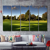 Green Grassland Under The Shades Of Tall Trees Inside A Golf Course 5 Pieces B Canvas Prints Wall Art - Painting Canvas, Multi Panel