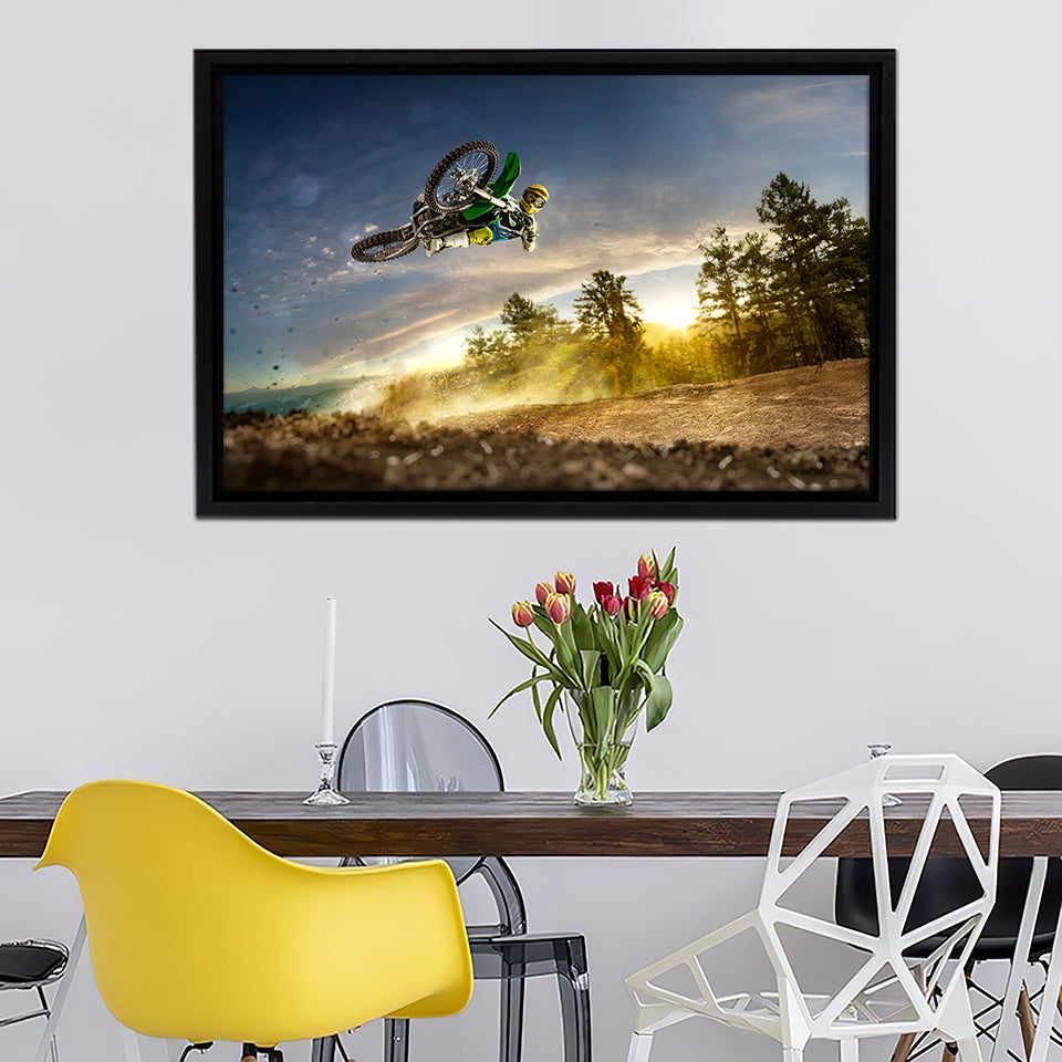 Green Motocross Over Heights Framed Canvas Wall Art - Framed Prints, Canvas Prints, Prints for Sale, Canvas Painting
